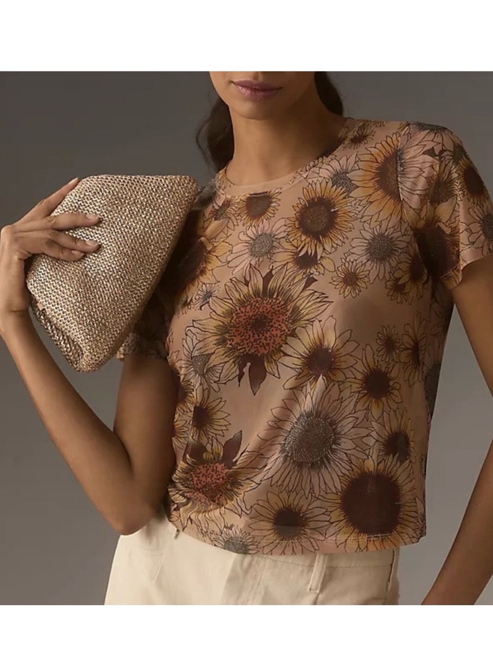 Anthropologie Sunflower Print Short Sleeve sheer shirt